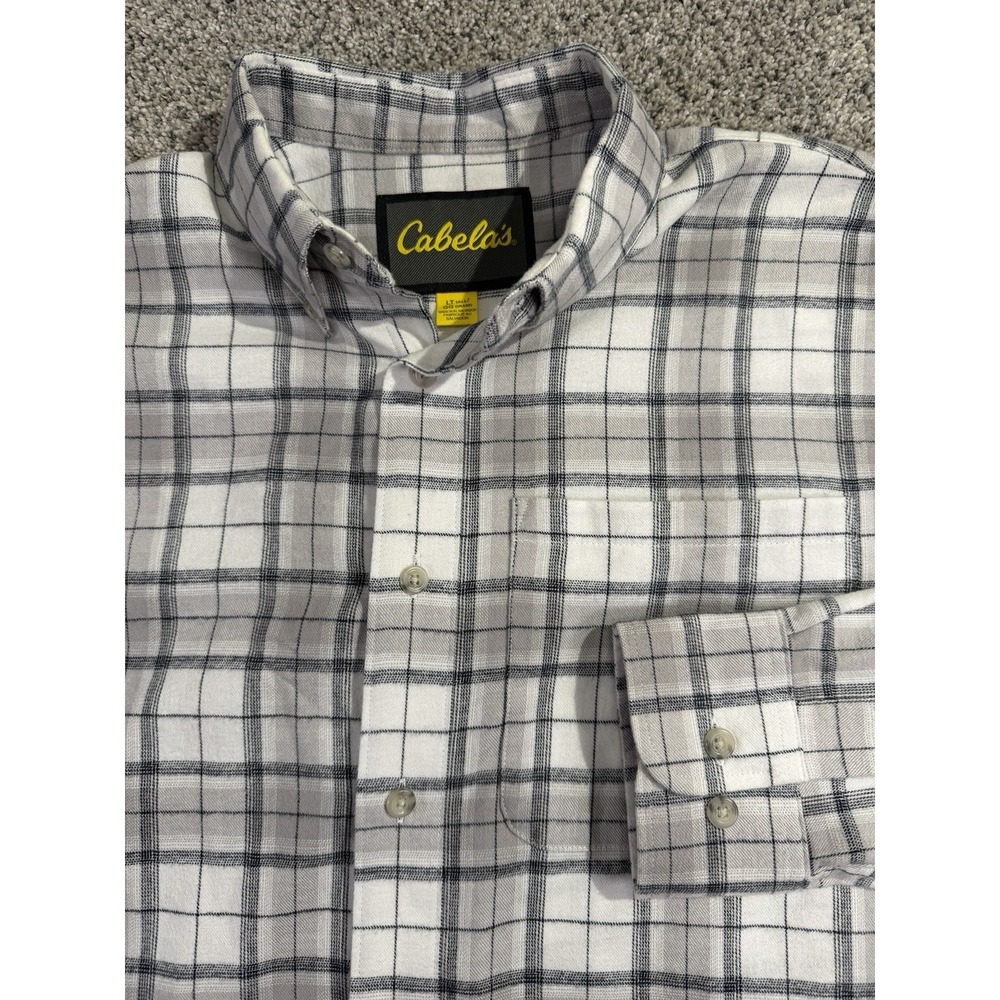 Cabela's Flannel White Gray‎ Plaid Mens Large Tall Shirt Long Sleeve Button Down